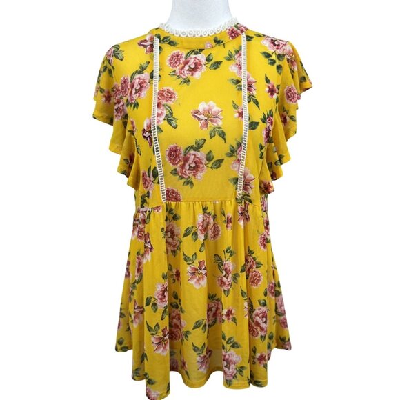 Ivy  Rose Size L Women's Floral Yellow Pink Ruffle Dress Lace Trim Summer Tunic - Picture 1 of 9